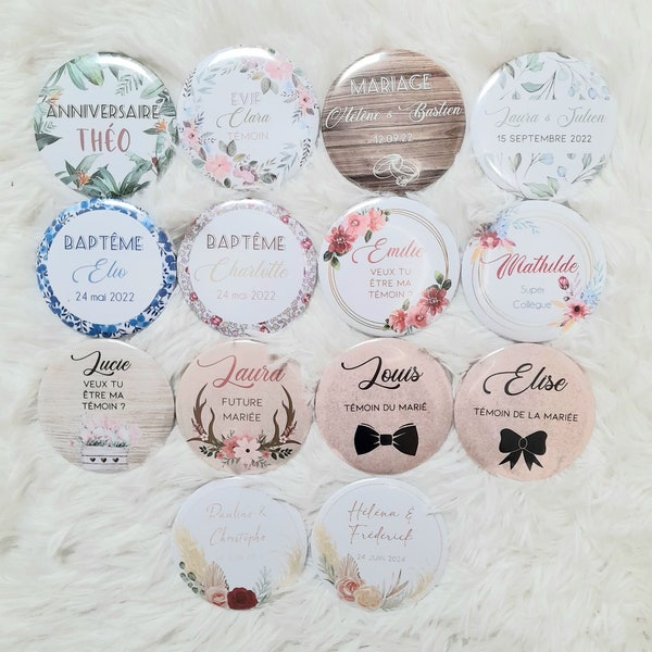 Badge - Magnet - Décapsuleur - Miroir - Cadeaux invités - Annonce - Témoin - Demande - Personnalisable