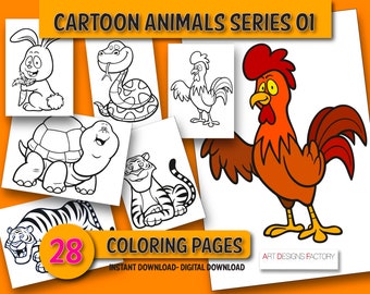Coloring Pages,Cartoon animals Series 01,printable pages,Cartoon tigers rabbit turtle snake coloring page bundle,kids coloring pages pdf