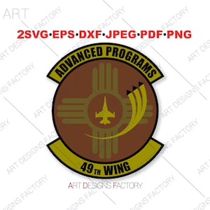 Könnte beinhalten: Ein braunes und goldenes Abzeichen mit einem stilisierten Bild eines Düsenflugzeugs und dem Text "Advanced Programs 49th Wing".