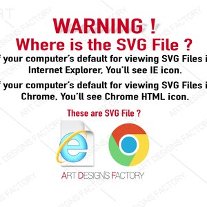 May include: A warning message in red text that reads "WARNING! Where is the SVG File?"  The message explains that if your computer's default for viewing SVG files is Internet Explorer, you'll see the IE icon. If your computer's default for viewing SVG files is Chrome, you'll see the Chrome HTML icon.  The message also includes a graphic of the Internet Explorer and Chrome icons.