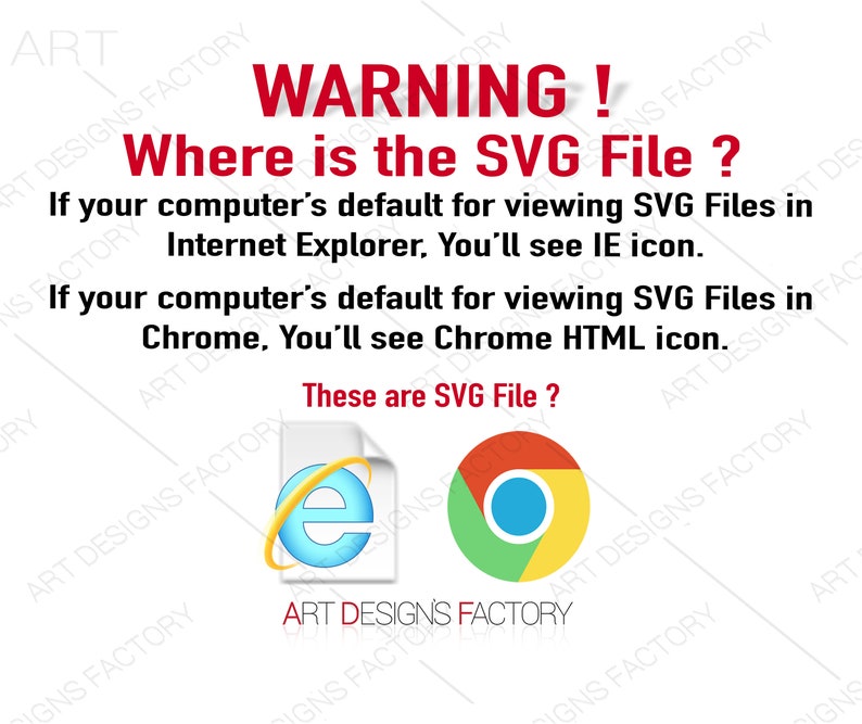 May include: A warning message in red text that reads "WARNING! Where is the SVG File?"  The message explains that if your computer's default for viewing SVG files is Internet Explorer, you'll see the IE icon. If your computer's default for viewing SVG files is Chrome, you'll see the Chrome HTML icon.  The message also includes a graphic of the Internet Explorer and Chrome icons.