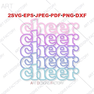 May include: Five stacked layers of the word "cheer" in a gradient of pink, purple, blue, and light blue. The word is outlined in black and has a shadow effect.