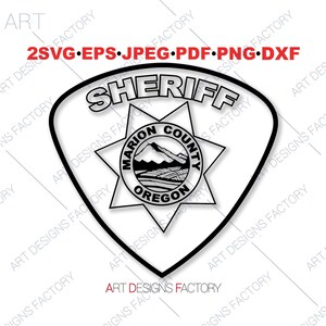 May include: Black and white illustration of a sheriff's badge with a star and the words "Marion County Oregon" inside a circle.