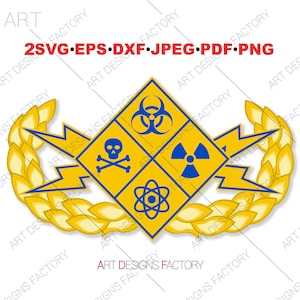 May include: A yellow diamond-shaped patch with four blue symbols: a biohazard symbol, a skull and crossbones, a radiation symbol, and an atom. The patch is surrounded by a gold wreath with two lightning bolts.