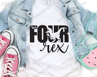 May include: White t-shirt with a black graphic design that says "Four Rex" with a dinosaur silhouette inside the "Four". The shirt is laid out on a denim jacket and pink sneakers.