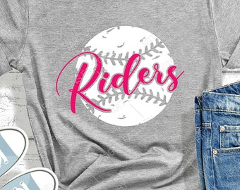 May include: A grey t-shirt with a white baseball graphic and the word "Riders" in pink lettering.
