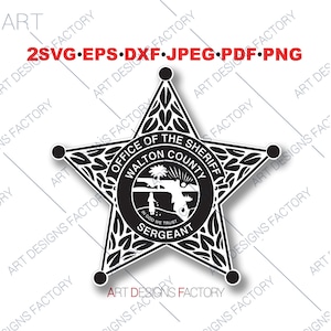 Könnte beinhalten: Ein schwarz-weißes Abzeichen in Form eines fünfzackigen Sterns. Das Abzeichen trägt die Aufschrift "Office of the Sheriff Walton County" und "Sergeant" sowie ein kleines Bild einer Palme und einer Person, die am Strand steht. Der Text "In God We Trust" befindet sich ebenfalls auf dem Abzeichen.