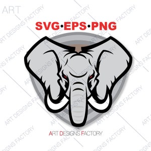 Puede incluir: Una cabeza de elefante gris con contornos negros y ojos rojos. El elefante está de frente con la trompa hacia abajo. El elefante está situado sobre un escudo gris con un contorno negro.