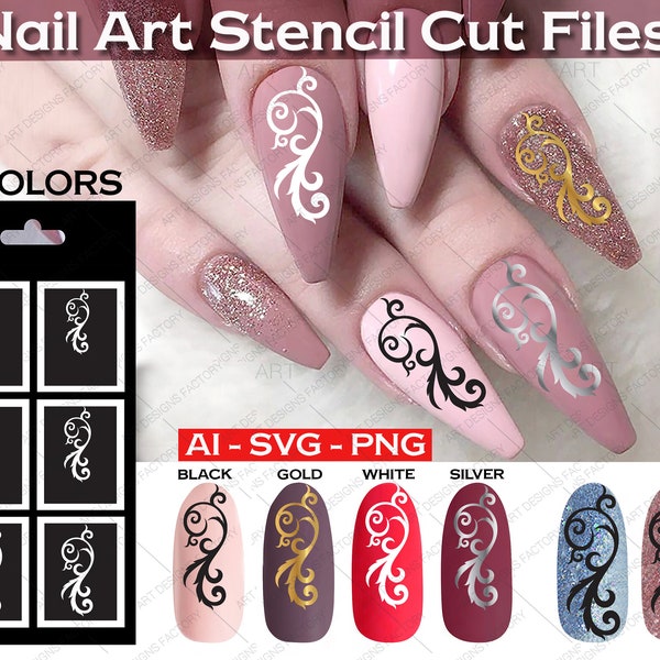 Nail Art Stencil scroll nail svg, branche de fleurs SVG, PNG, AI, téléchargement numérique instantané, fichiers de coupe de vinyle, svg de modèle de vinyle d'ongle, défilement d'ongle