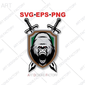 May include: A black and white gorilla with red eyes is roaring with its mouth open. The gorilla is inside a shield with a brown border and a green background. Two crossed swords are behind the shield.