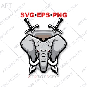 Puede incluir: Un logotipo que representa una cabeza de elefante gris con ojos rojos y grandes colmillos. Dos espadas cruzadas se encuentran detrás de la cabeza del elefante, con las puntas de las espadas apuntando hacia abajo. El logotipo está rodeado del texto "SVG EPS PNG" en letras rojas.