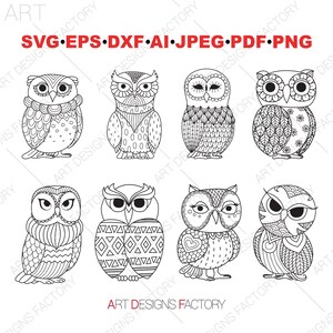 フクロウのカット ファイル バンドル、フクロウのデザイン バンドル、フクロウのシルエット SVG、フクロウのクリップアート、DXF、PNG、PDF、EPS、AI、JPG、フクロウのベクター、フクロウのシルエット、フクロウのマンダラ カット ファイル
