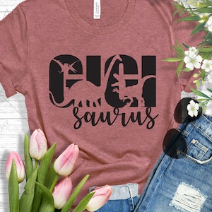 May include: A pink t-shirt with a black graphic design that says "One Saurus" with a silhouette of a dinosaur inside the letter "O".