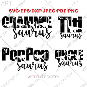 May include: Black and white graphic design featuring the text "Gramme Saurus", "Titi Saurus", "Pop Pop Saurus", and "Uncle Saurus" with dinosaur silhouettes inside the letters.