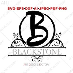 May include: Black and white monogram design featuring the letter "B" in a circle with ornate scrollwork and the text "BLACKSTONE" below.