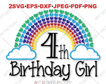 4-årsdagsflicka klippfiler, födelsedagsflicka regnbåge svg, fjärde flicka födelsedag svg, regnbåge födelsedag svg, 4-årsdag svg, flickors födelsedag svg png