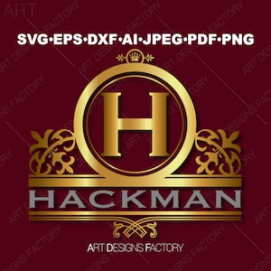 May include: Gold monogram logo with the letter H in a circle and the word HACKMAN below. The logo is on a burgundy background with the text "ART DESIGNS FACTORY" repeated around the edges.
