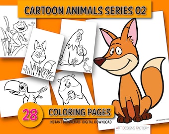 COLORING PAGES PDF,Cartoon animals Series 02,Printable pages,Cartoon Fox rabbit parrot frog coloring page bundle,for kids coloring pages Pdf