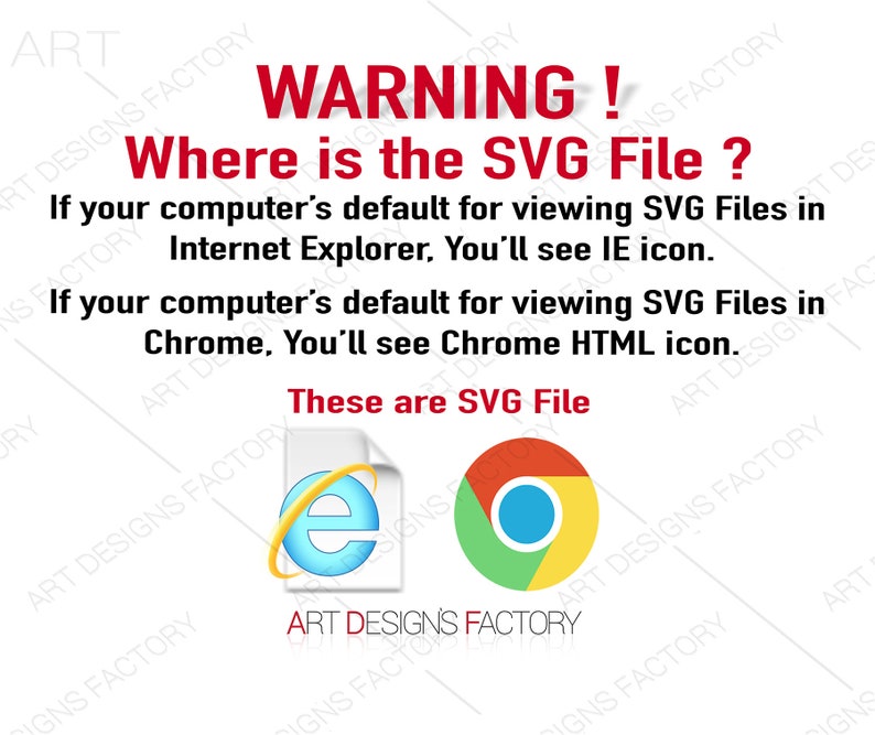 May include: A warning message about SVG files. The text reads "WARNING! Where is the SVG File? If your computer's default for viewing SVG Files in Internet Explorer, You'll see IE icon. If your computer's default for viewing SVG Files in Chrome, You'll see Chrome HTML icon. These are SVG File". The image shows the icons for Internet Explorer and Chrome.