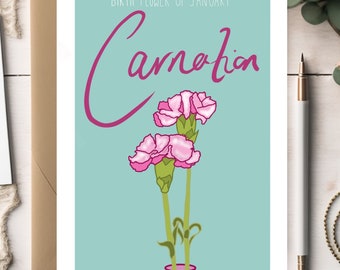 January Birth Flower Greeting Card, Carnation, Birthdays, Celebration, Floral Design, Personalised message, Meaningful, Illustrated Prints.