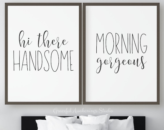 Hi There Handsome Morning Gorgeous Set of 2 Printable, His And Hers Couple Prints, His And Hers Bathroom, Above Bed Decor Digital Downloads