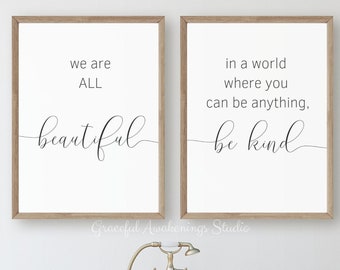 In A World Where You Can Be Anything Be Kind Print, Nursery Decor Set of 2, Inspirational Quotes, Be Kind Art, Motivational Printables