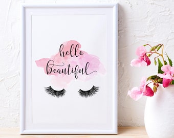 Eyelash Print, Hello Beautiful Fashion Wall Art, Beauty Print, Lashes Poster, Lashes Decor, Pink Wall Art, Glam Lash Art, Makeup Wall Art