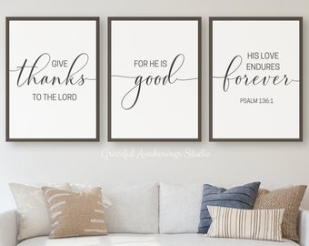 Give Thanks To The Lord For He Is Good Sign, Scripture Set of 3, His Love Endures Forever, Bible Verse Set of 3, Above Bed Scripture, Bible