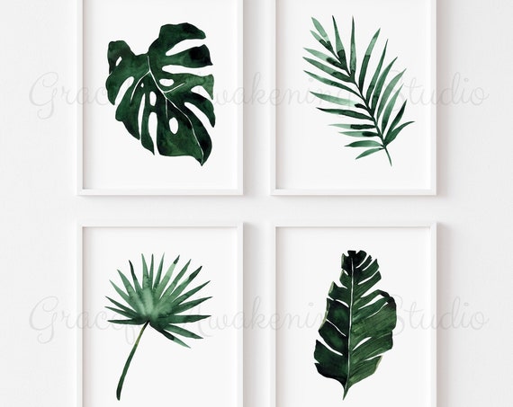 Palm Leaf Print Set of 4, Tropical Leaf Decor, Botanical Print Set, Set of 4 Leaf Print, Tropical Leaves Artwork, Watercolor Palm Leaf Print