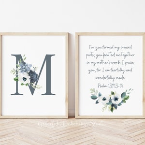 Juego de 2 impresiones personalizadas para guardería, Salmo 139:13-14, arte de pared con versículos bíblicos para guardería, guardería con las Escrituras, decoración imprimible para guardería de niñas