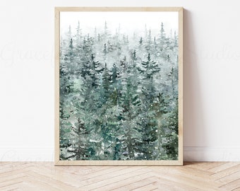 Impresión de bosque nevado de hoja perenne: Arte mural de pino invernal (descarga digital)