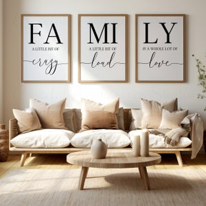 Familiekamer decoreren, familie muur kunst decor, familie een beetje gek print, familiecitaten, afdrukbare muurkunst, woonkamer muur decor