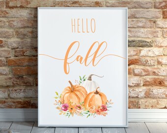 Aquarell Kürbis Herbstdruck: Hello Fall Sign (Digitaler Download)