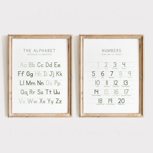 Póster imprimible del alfabeto, tabla de escritura a mano, póster del ABC, póster del alfabeto bohemio, números bohemios para el aula, decoración del aula de educación en casa