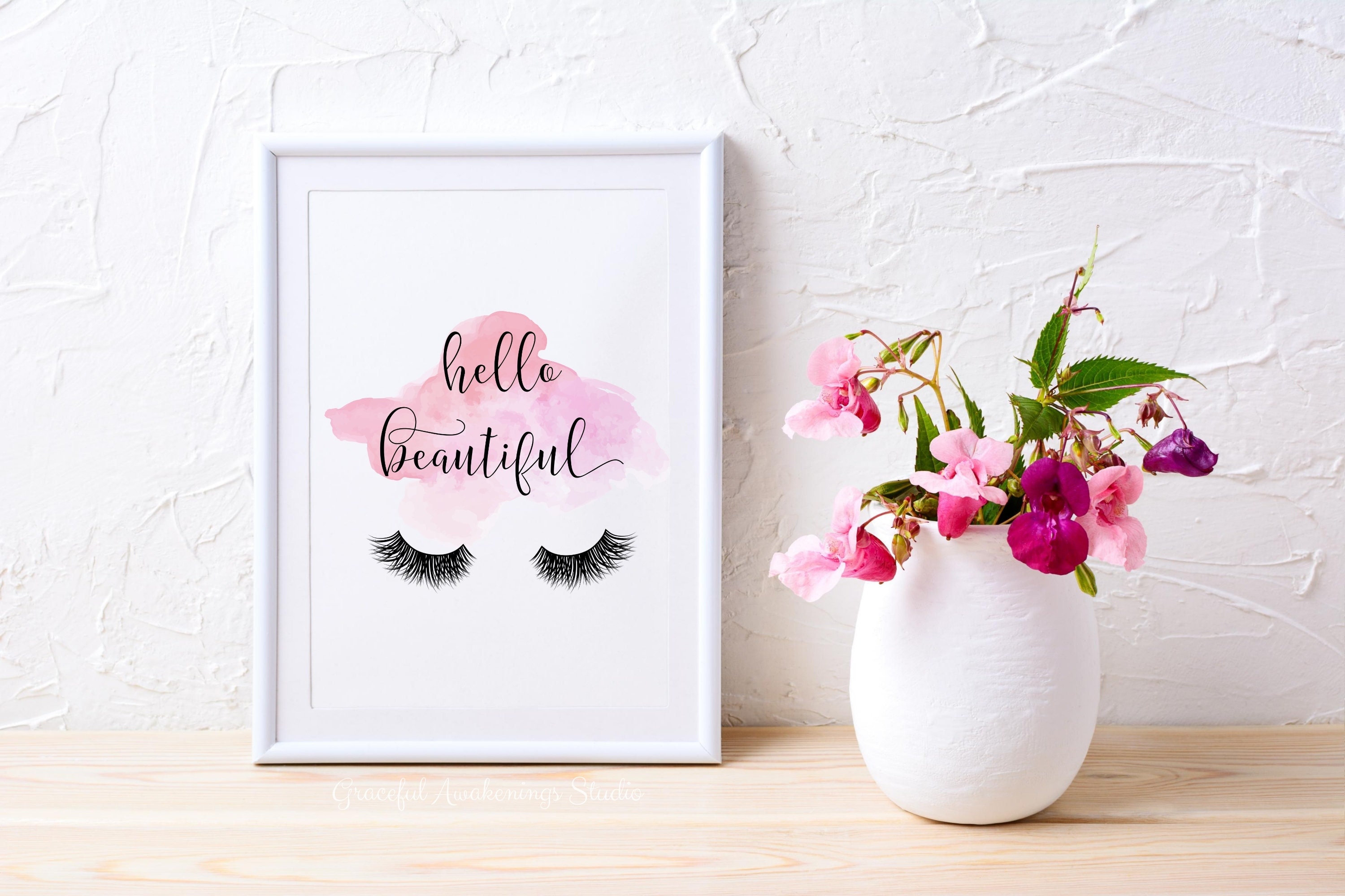 Makeup Wall Art, Fashion Wall Art, Glam Lash Art, Pink Wall Art, Eyelash Print, Hello Beautiful, Beauty Print, Lashes Poster, Lashes Decor