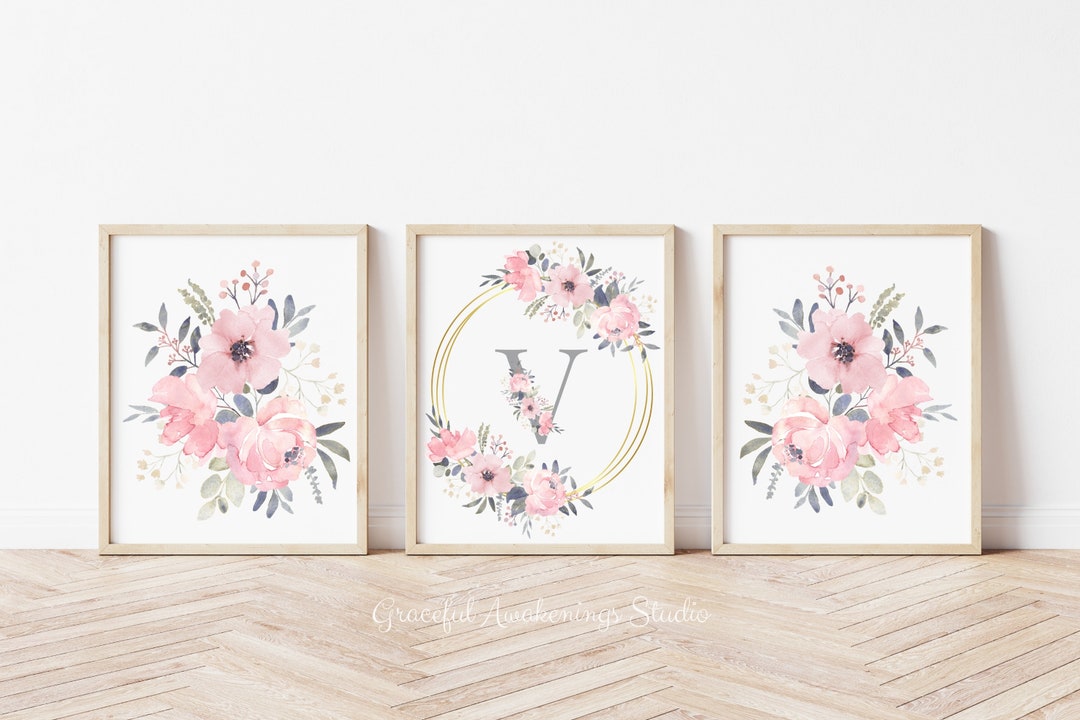 Floral Monogram Wreath Nursery Art Set of 3, Watercolor Monogram Print ...