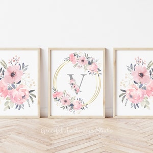 Floral Monogram Wreath Nursery Art Set of 3, Watercolor Monogram Print, Pink Nursery Wall Decor, Floral Initial Wall Art, Baby Girl Nursery