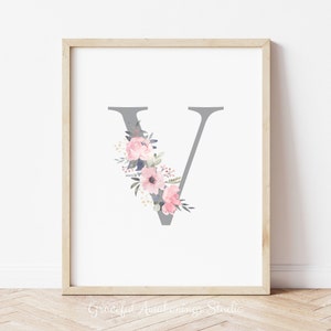 Initial Wall Art, Flower Wall Decor, Floral Nursery Letter Print, Flowers Wall Art, Nursery Decor Printable, Floral Monogram Wall Art