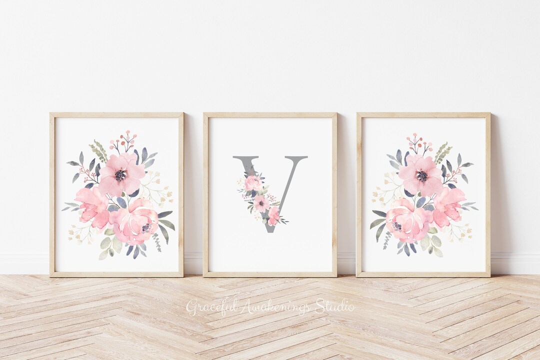 Floral Initial Nursery Print Set: Pink & Purple Decor (digital Prints ...