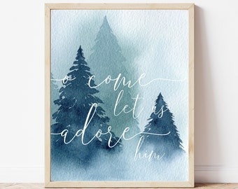 O Come Let Us Adore Him Printable, Watercolor Christmas Tree Print, Christmas Carol Print, Christmas Tree Art, Christmas Holiday Printable,