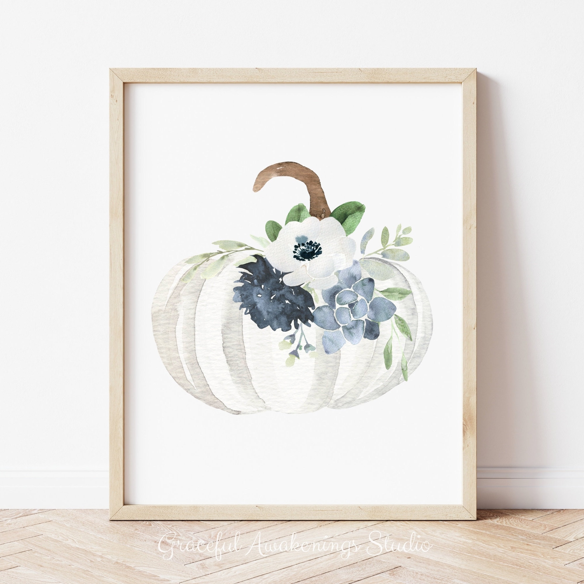 Aquarell Kürbis Print: Herbst Dekor mit weissen, blauen Kürbissen (Digitaler Download)