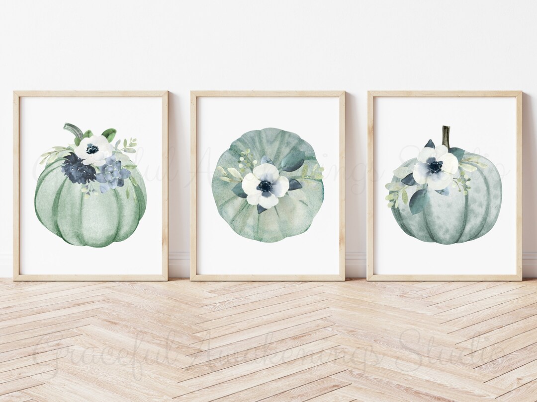 Pumpkin Fall Decor, Set of 3 Pumpkins, Blue Pumpkin Prints, Blue Fall ...