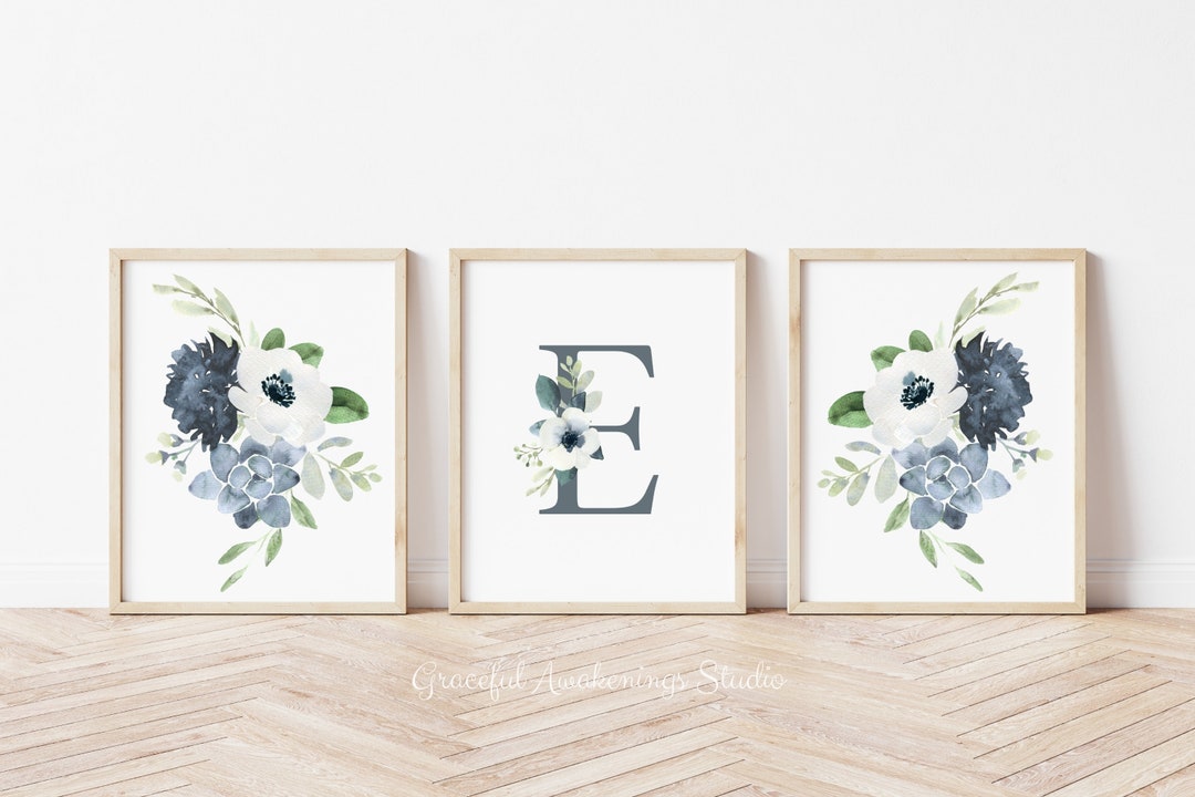 Floral Monogram Set of 3 Initial Wall Art Flower Wall Decor Etsy
