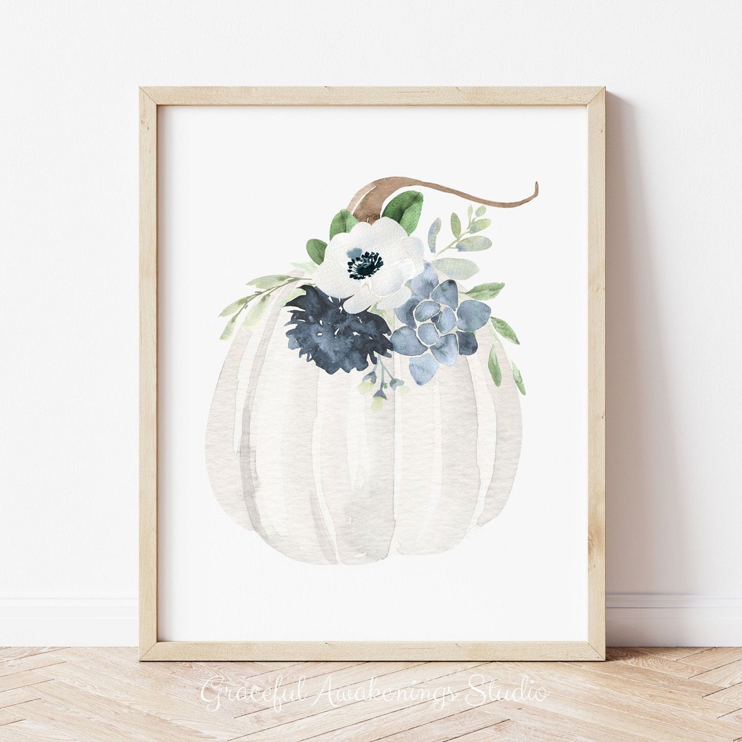 White Pumpkin Watercolor Print: Blue Floral Fall Decor (digital ...