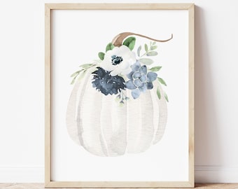Weißer Kürbis Aquarell Print: Blaues Herbst Dekor (Digitaler Download)