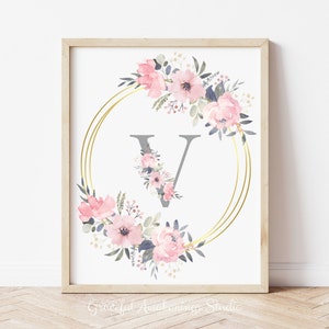 Flower Initial For Nursery, Floral Letter Nursery Print, Flower Initial Print,Printable Nursery Art Girl,Flower Nursery Print,Purple Nursery