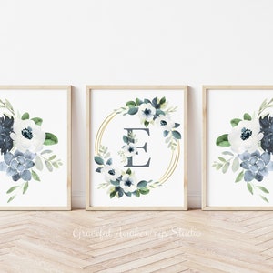 Monogram Floral Wreath Set of 3, Initial Wall Art, Flower Wall Decor, Floral Nursery Letter Print, Nursery Decor, Floral Monogram Wall Art,