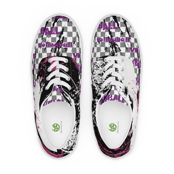 Canvas Lace-up Shoes Women, Purple Green Canvas Shoes Women, Cute Casual Canvas Volleyball Shoes, Black and White Volleyball Shoes,