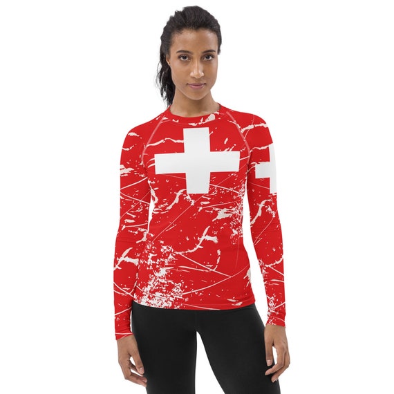 Switzerland, Women's Rash Guard, Swiss Flag Rashguard For Girls, Cute Rashgurads, Girls Rashguard Shirts, Girls Long Sleeve rash Guards