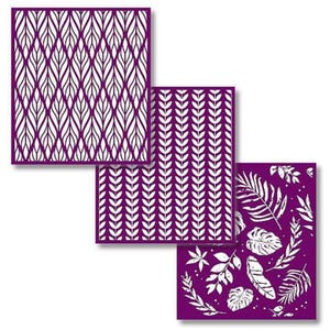 May include: Three rectangular craft stencils featuring deep purple backgrounds with white patterns. One stencil displays a repeating leaf lattice, another shows vertical rows of small leaves, and the third features scattered tropical foliage.